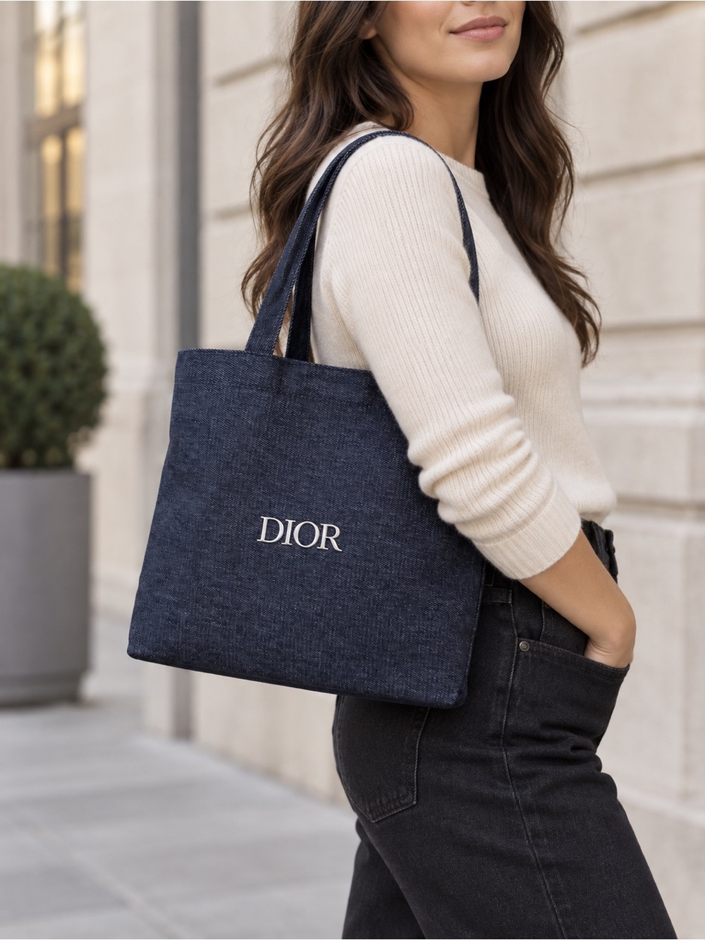 Christian Dior Beauty Medium Navy Blue Denim Tote Silver Metal Logo GWP VIP new
